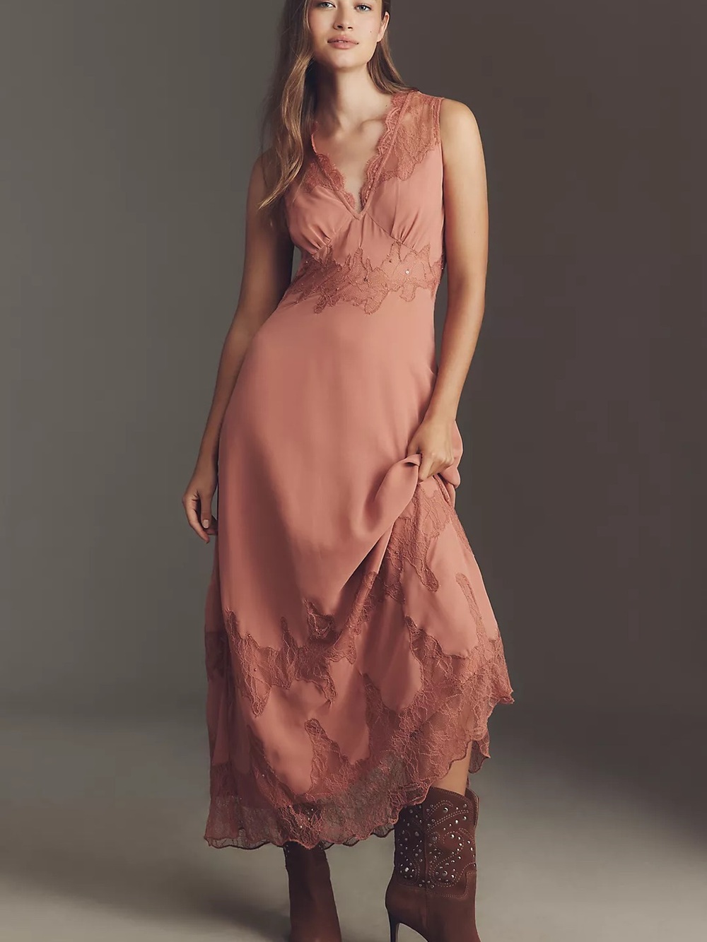 Anthropologie V-Neck Lace-Panel Maxi Dress